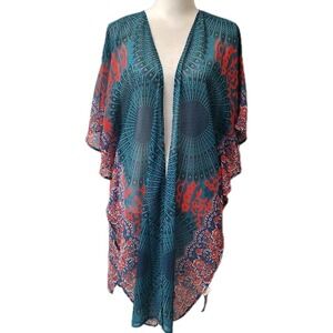 Kimono Wrap Swim Coverup Short Sleeves Gauze Boho Patchwork Sz Large Long‎